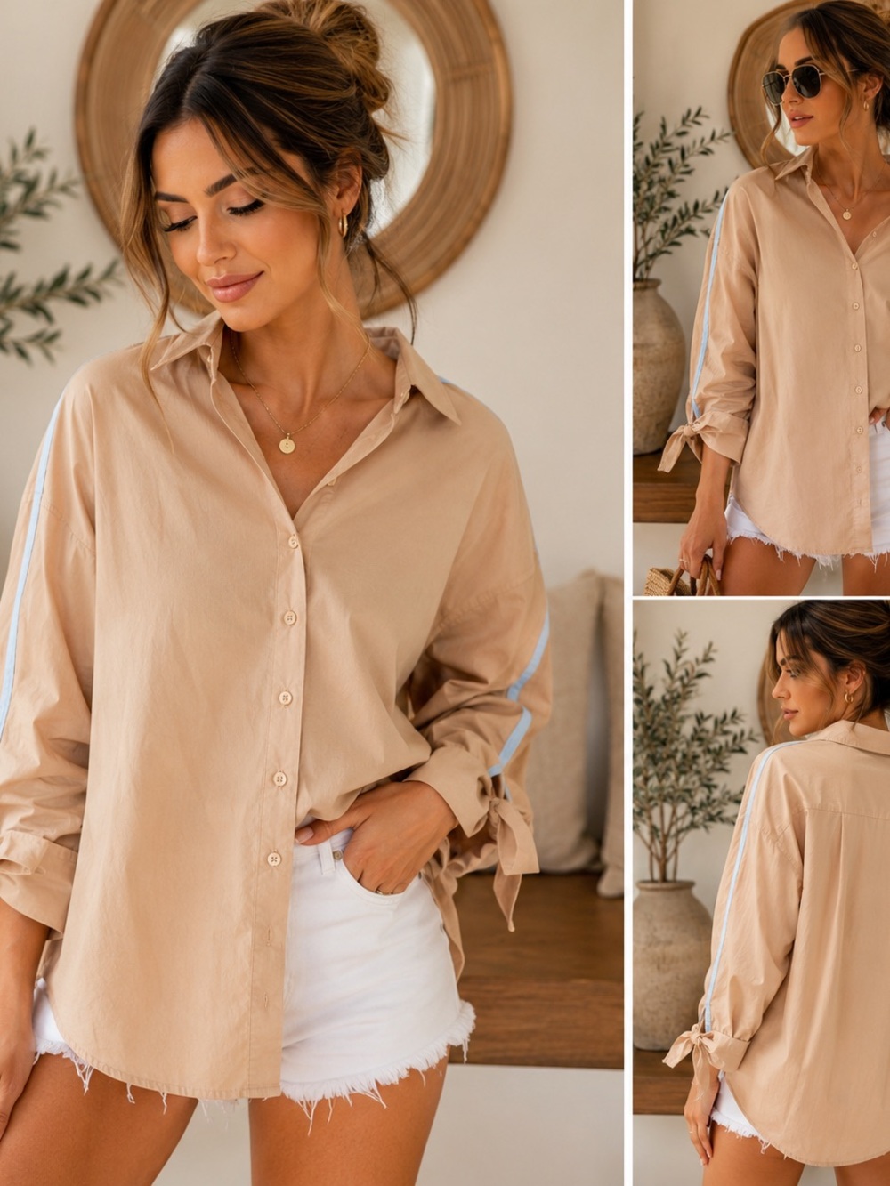 Zara Beige Button-Down Shirt with Side Stripe